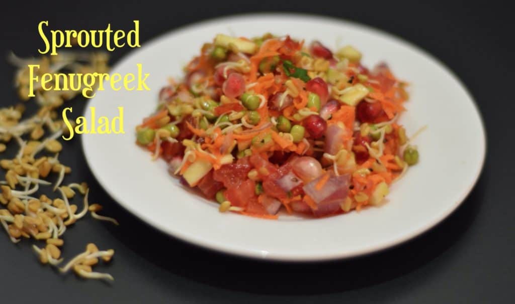 sprouted methi seed salad served on a plate with sprouted methi seeds on the side