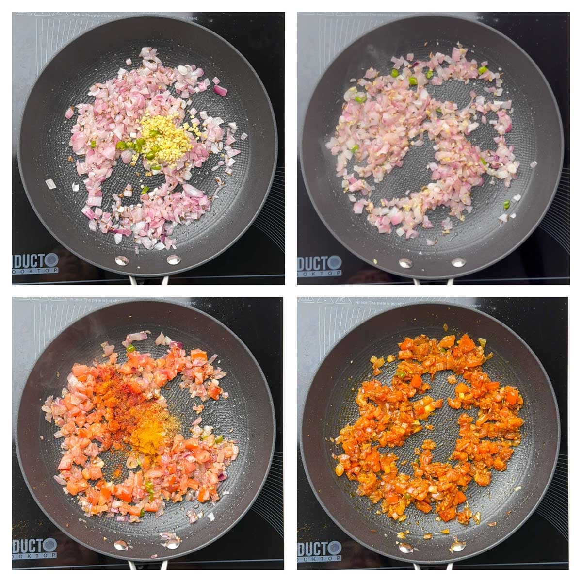 Step to saute onion and tomatoes along with spices in a pan collage