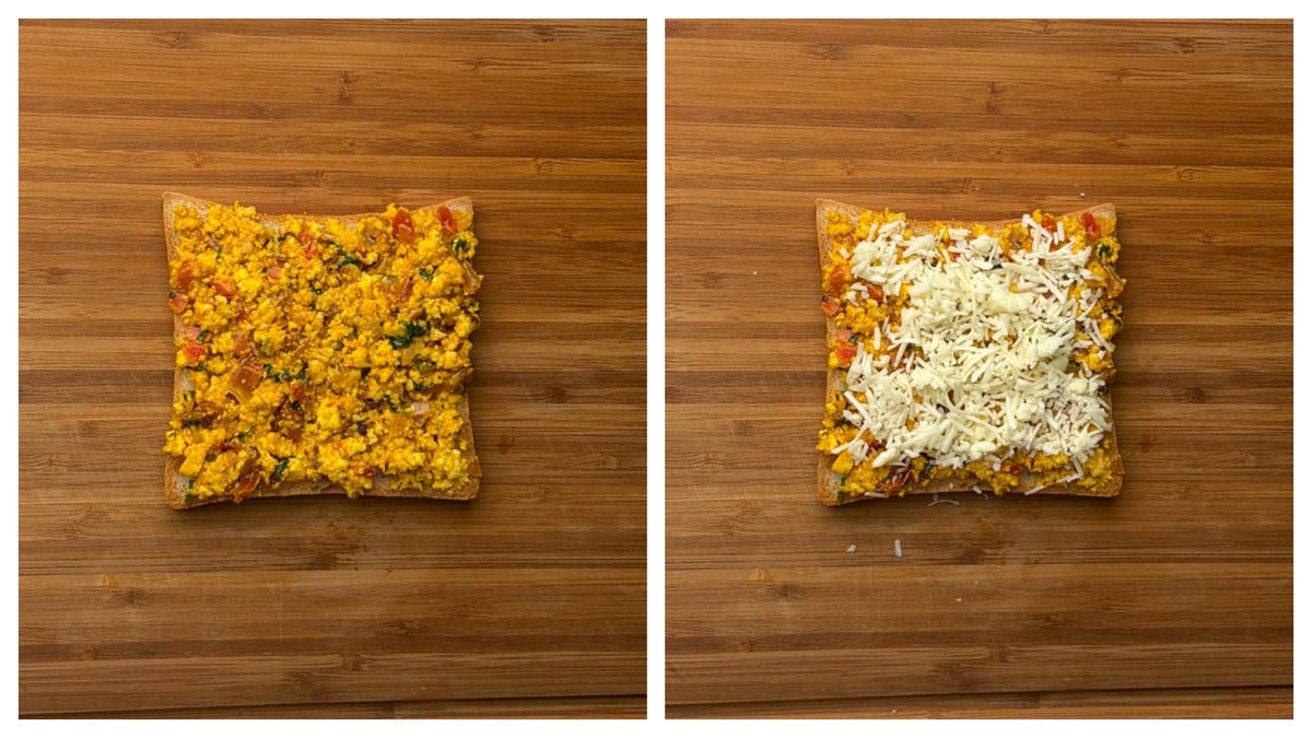 Step to add paneer bhurji mixture on the bread slice and top it with cheese collage