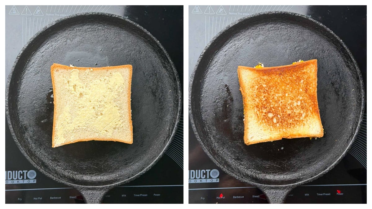 Step to toast the sandwich on a iron pan collage.