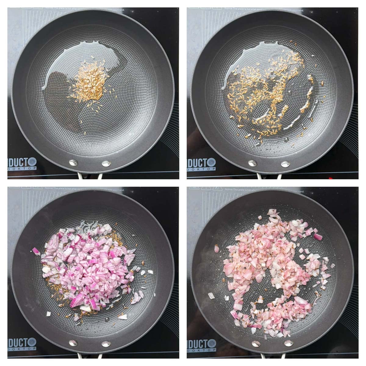 Step to saute cumin seeds and onion in pan collage.