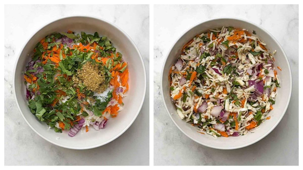 Step to mix the paneer and veggies together in a bowl collage