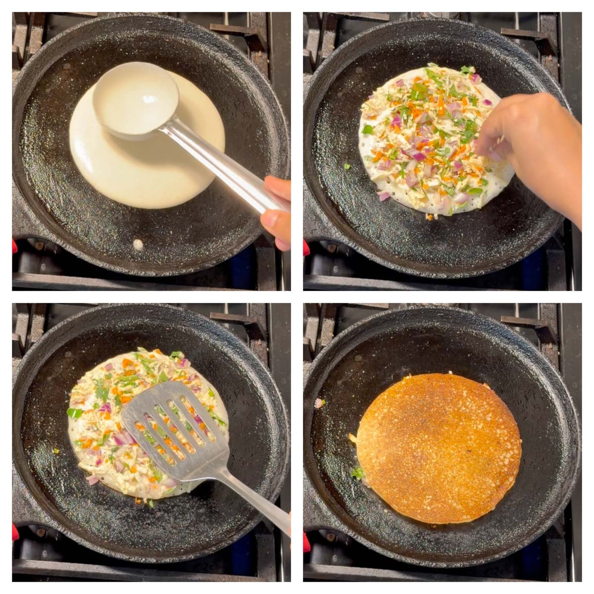 Step to make uttapam, add the paneer veg mixture and cook on both sides collage