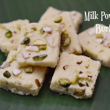 Milk Powder Burfi served on a banana leaf