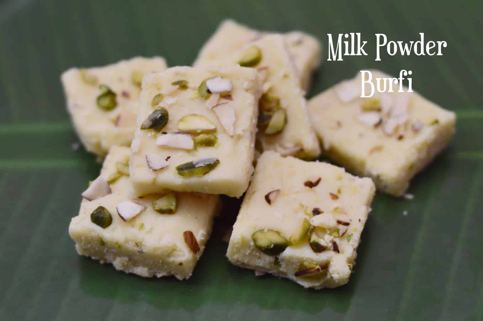 Milk Powder Burfi served on a banana leaf