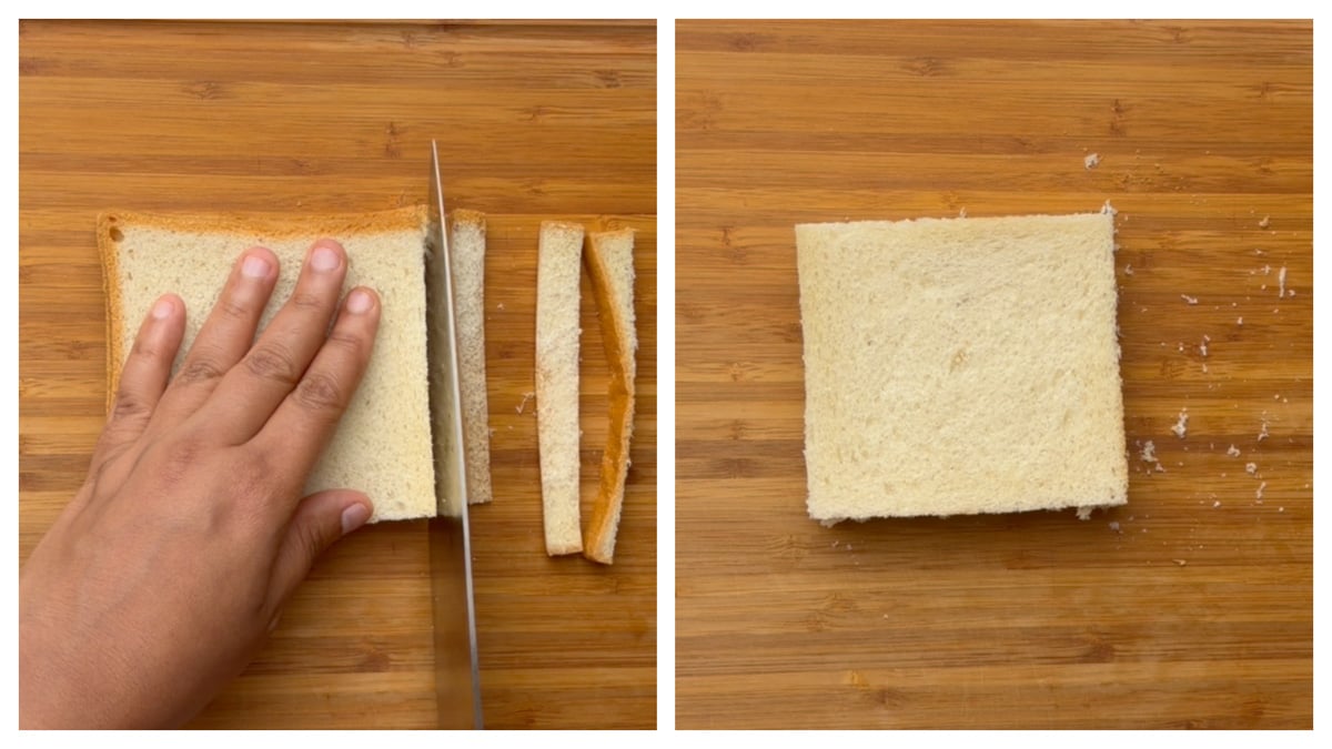 Step to trim the brown edges of the white bread collage.