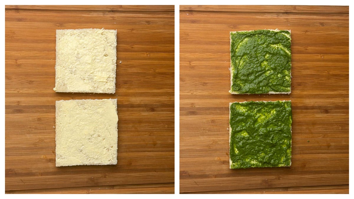 Step to apple butter and green chutney on the white bread collage