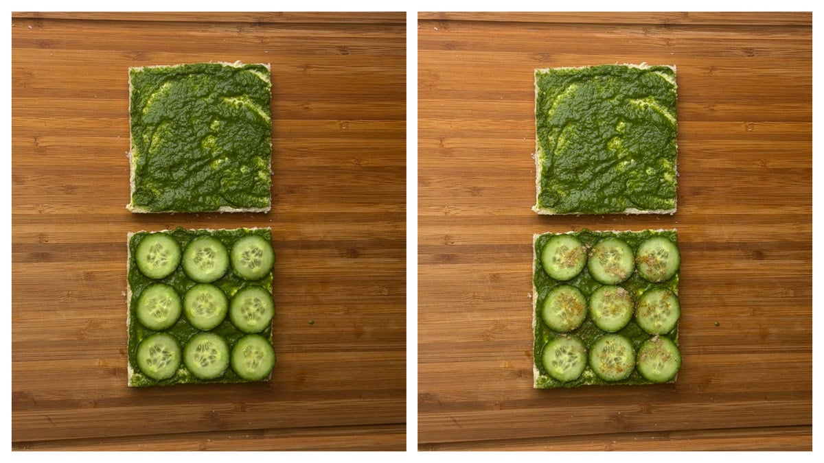 Step to place the cucumber slices and sprinkle chaat masala collage