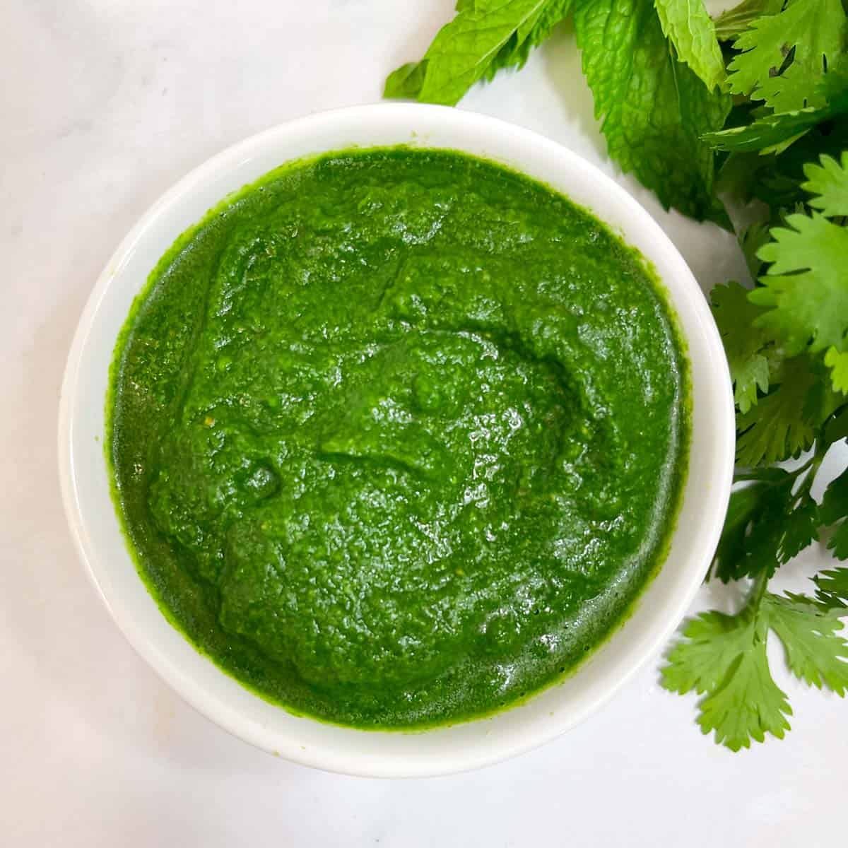 green chutney (coriander mint chutney) served in a bowl with mint and coriander leaves on the side