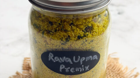 Instant rava upma premix stored in a glass mason jar.