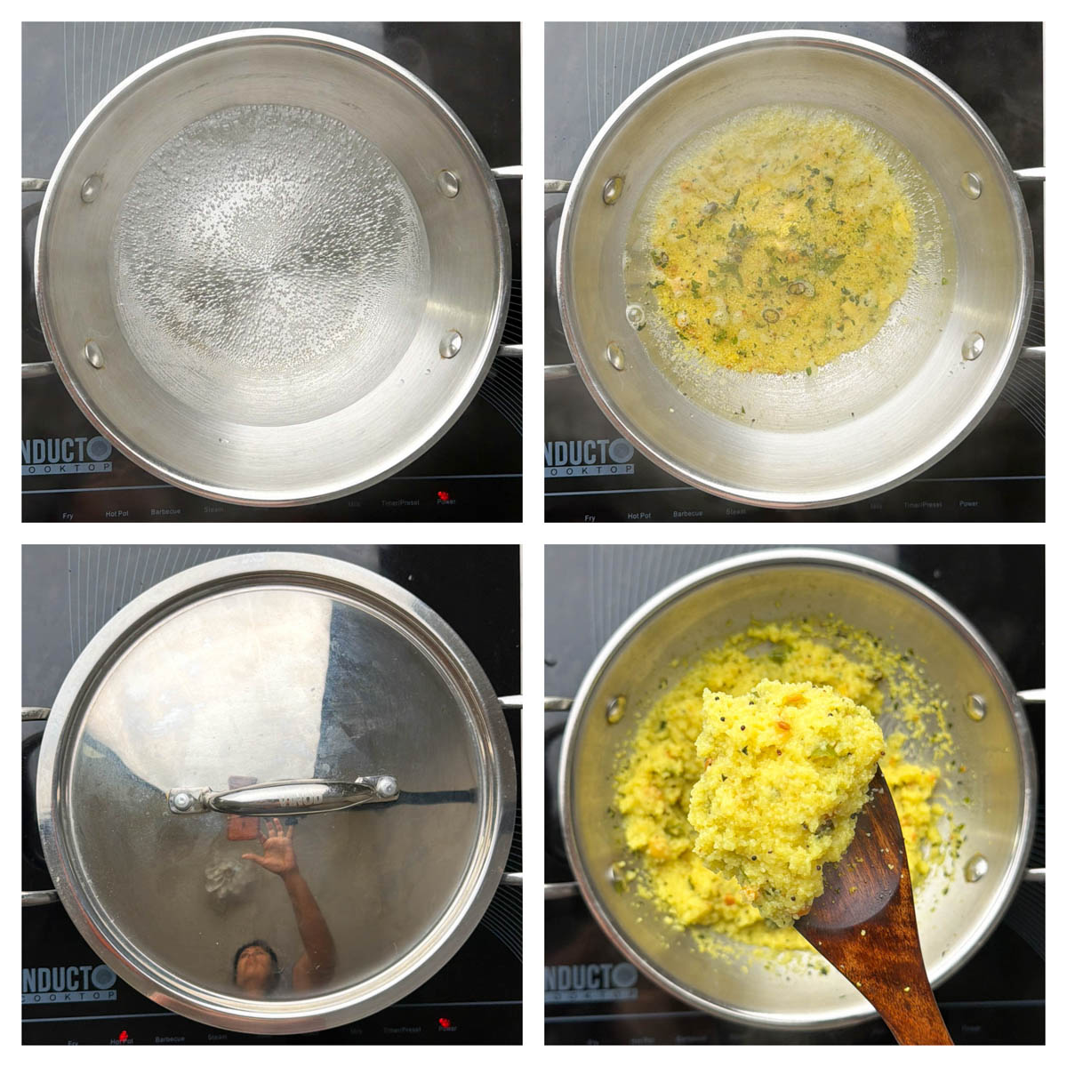 Step to cook rava upma using rava upma premix in a pan collage