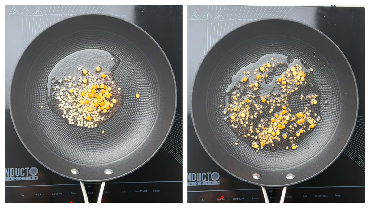 Step to saute the dals and mustard seeds in a black pan collage.