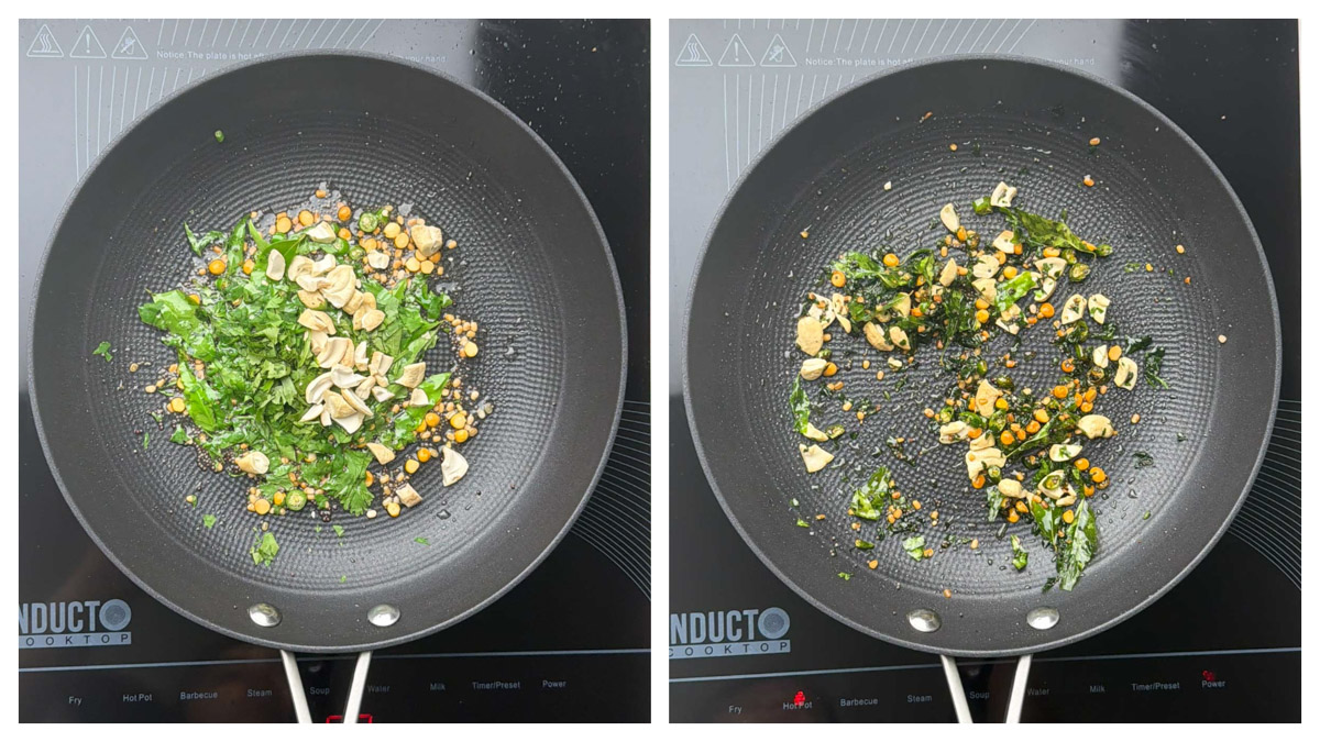 Step to saute coriander, curry leaves collage.