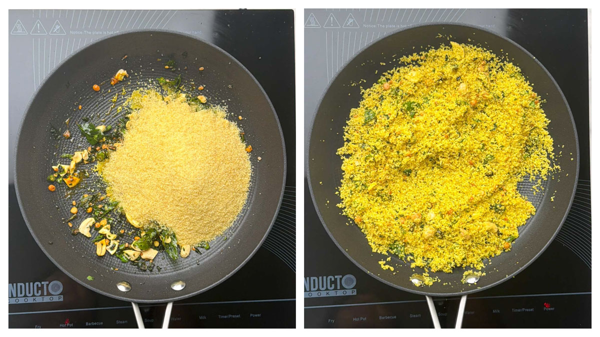 step to roast the rava on medium flame on a black pan collage.
