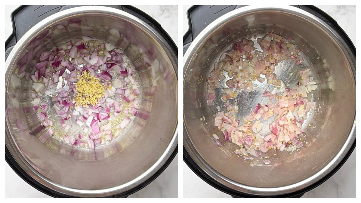 Step to saute onions and ginger garlic paste collage.