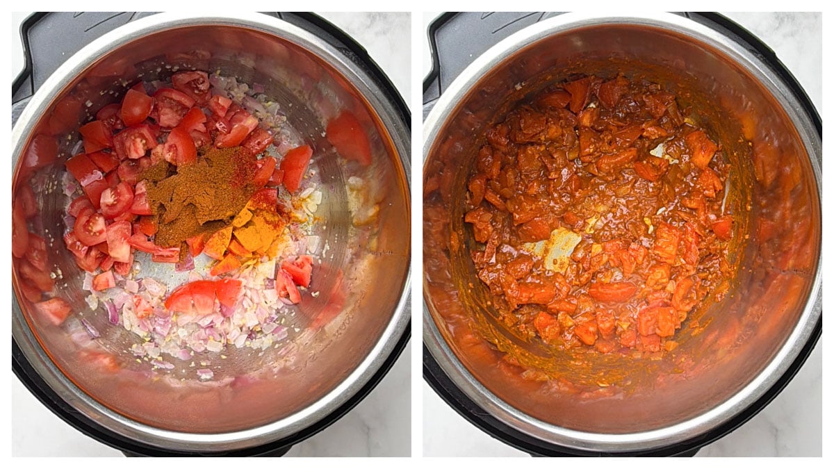 step to saute tomatoes and spices collage.