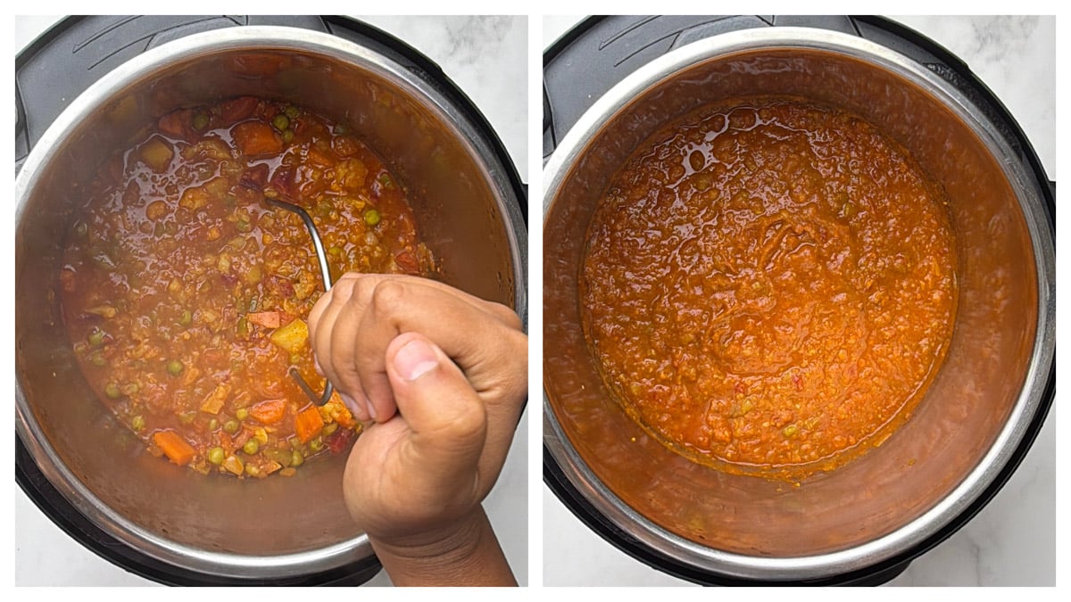 Step to mash the bhaji and boil the bhaji collage
