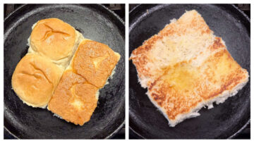 Step to toast the pav with some butter in an iron skillet collage.