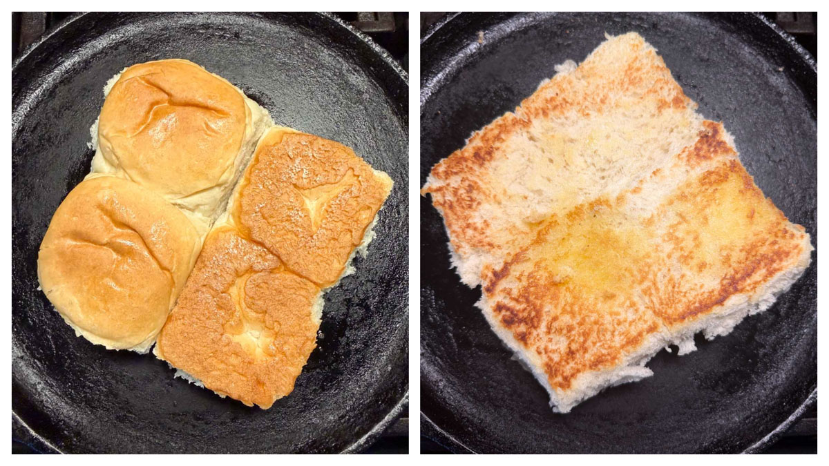 Step to toast the pav with some butter in an iron skillet collage.
