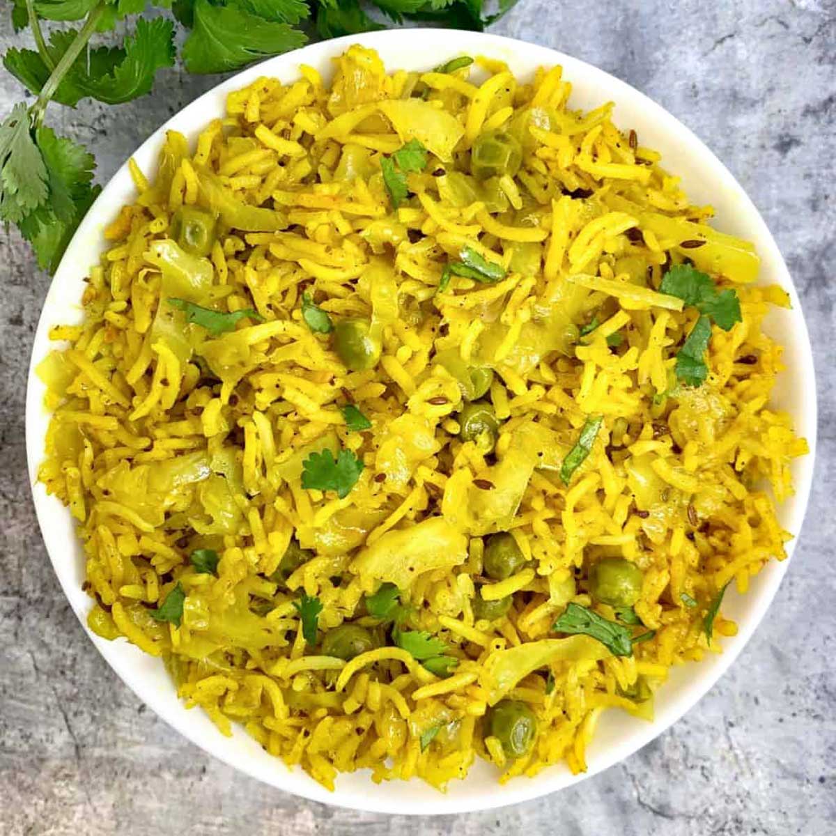 cabbage rice served in a bowl garnished with cilantro