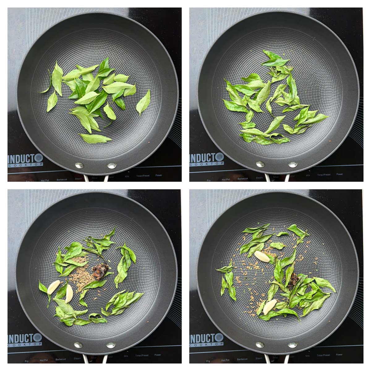 Step to dry roast curry leaves, garlic, cumin seeds and tamarind collage.