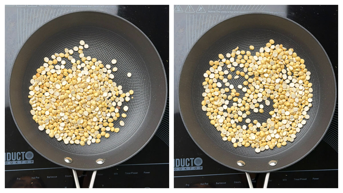 Step to dry roast the putani in a pan collage.