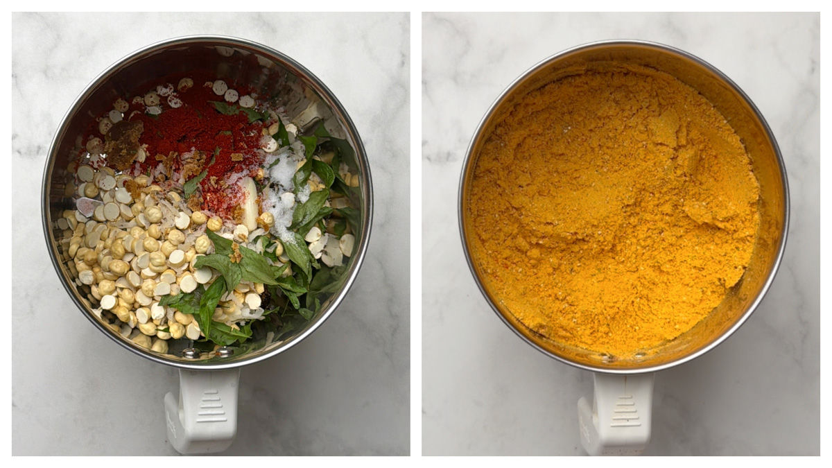 Step to blend the roasted ingredients of hurigadale chutney powder to fine powder collage.