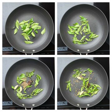 Step to dry roast curry leaves in a pan along with garlic cumin seeds collage