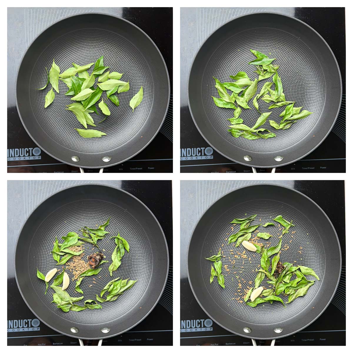 Step to dry roast curry leaves in a pan along with garlic cumin seeds collage