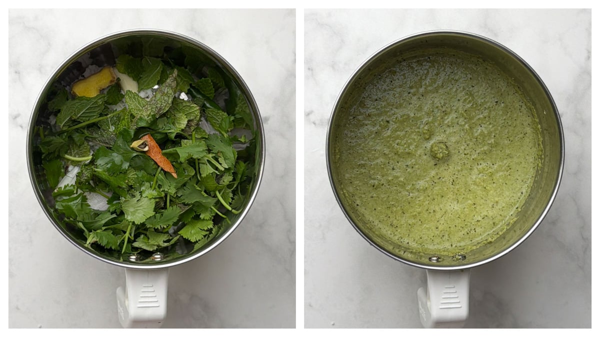 Step to grind the green masala paste in a blender collage.