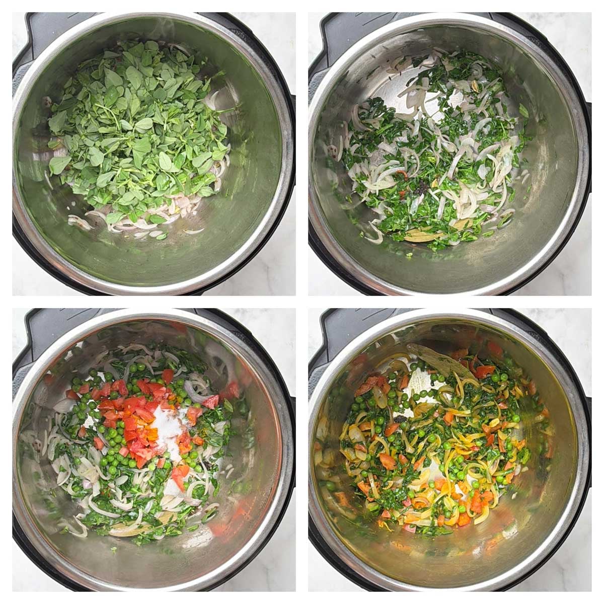 Step to saute methi leaves,tomatoes and spices in a instant pot collage
