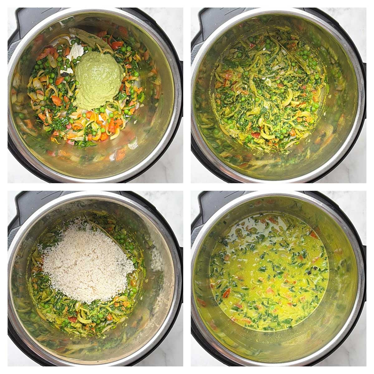 Step to saute the grounded masala paste, add rice and water in to the pot collage