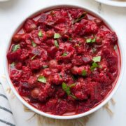 pressure cooker Beetroot kurma served in a white bowl.