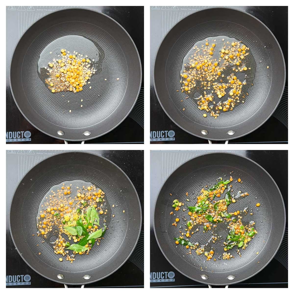 Step to prepare the tempering in a pan with dals, mustard seeds and cumin collage
