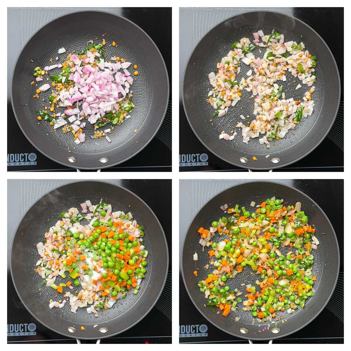 Step to saute onions and vegetables in a pan collage