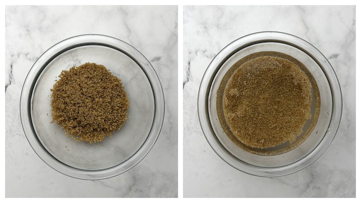 Step to soak the little millets in water in a glass bowl collage