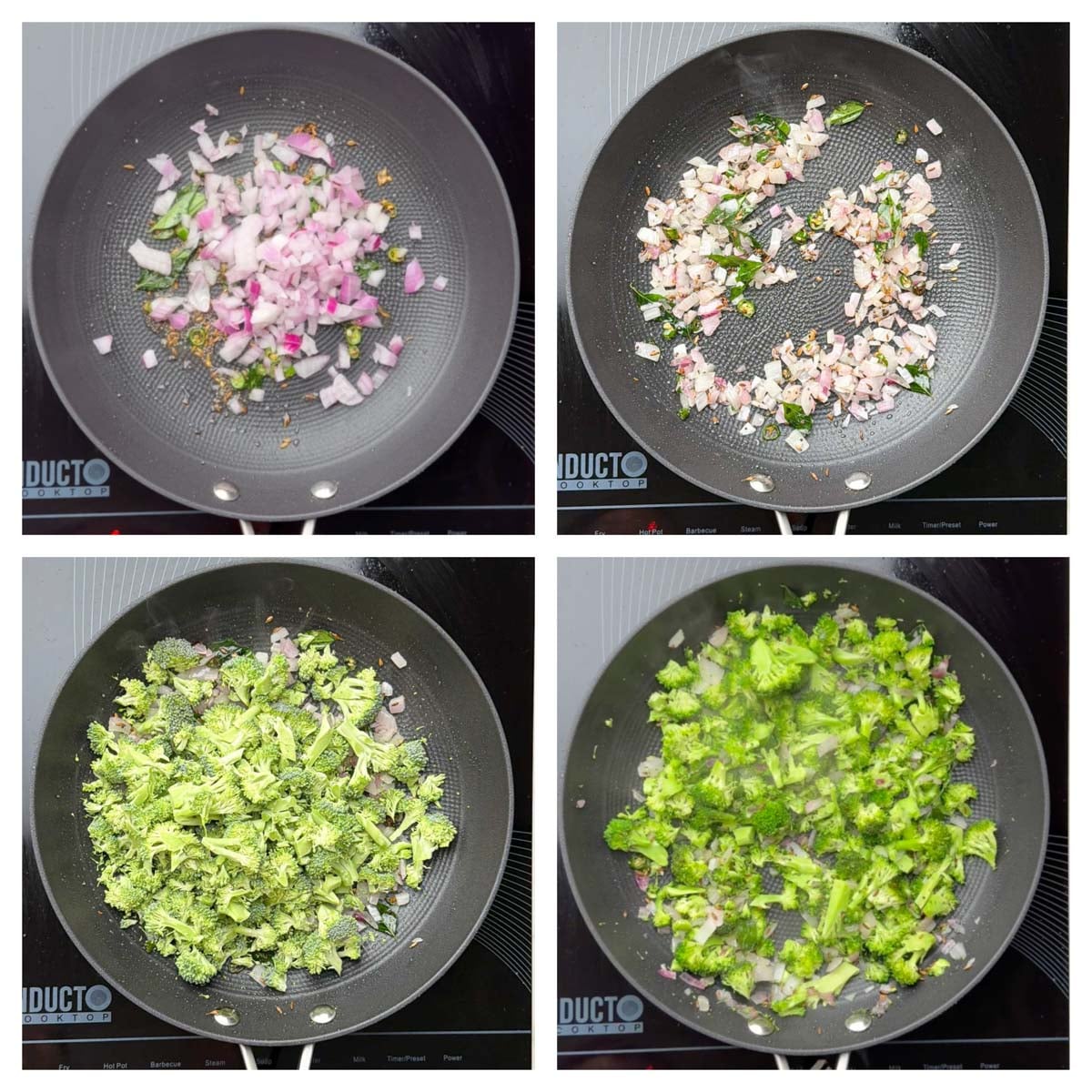Step to saute onions and broccoli collage