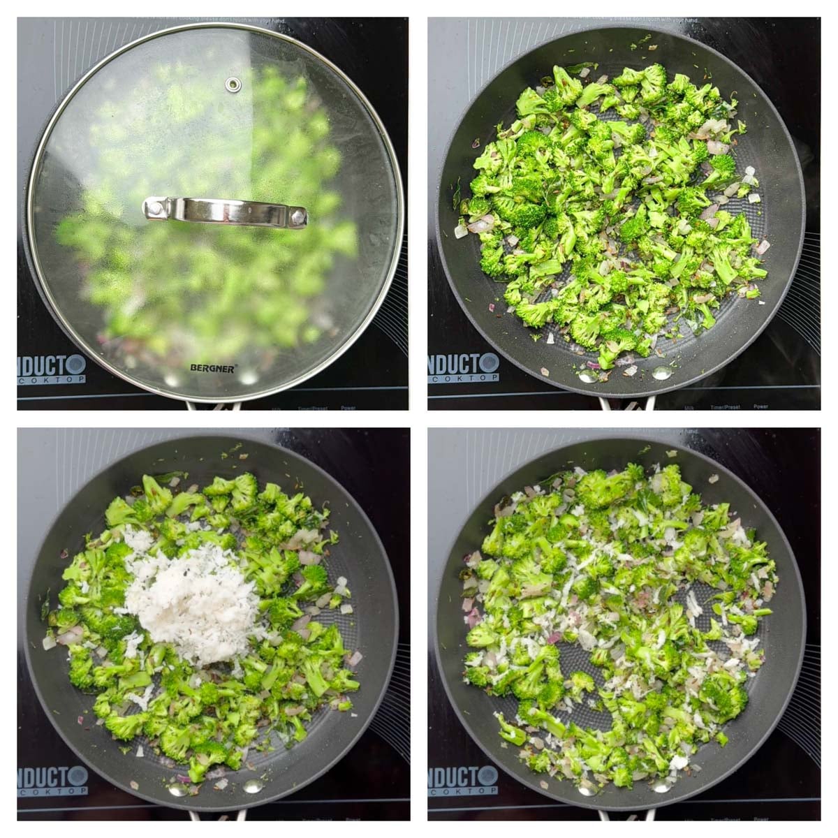 Step to broccoli and add fresh grated coconut to a pan collage.
