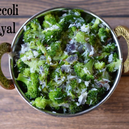 Broccoli Poriyal (Broccoli Stir Fry with coconut) served in a kadai