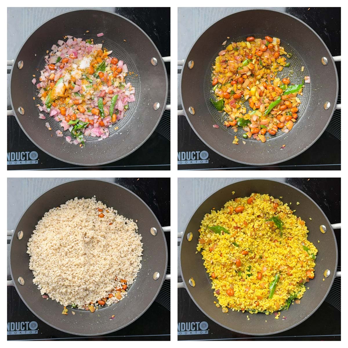 Step to add turmeric, cooked millet and mix in a kadai collage