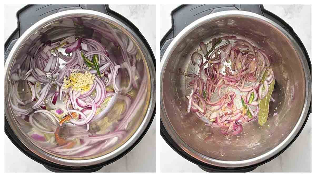 step to saute onions and ginger and garlic collage
