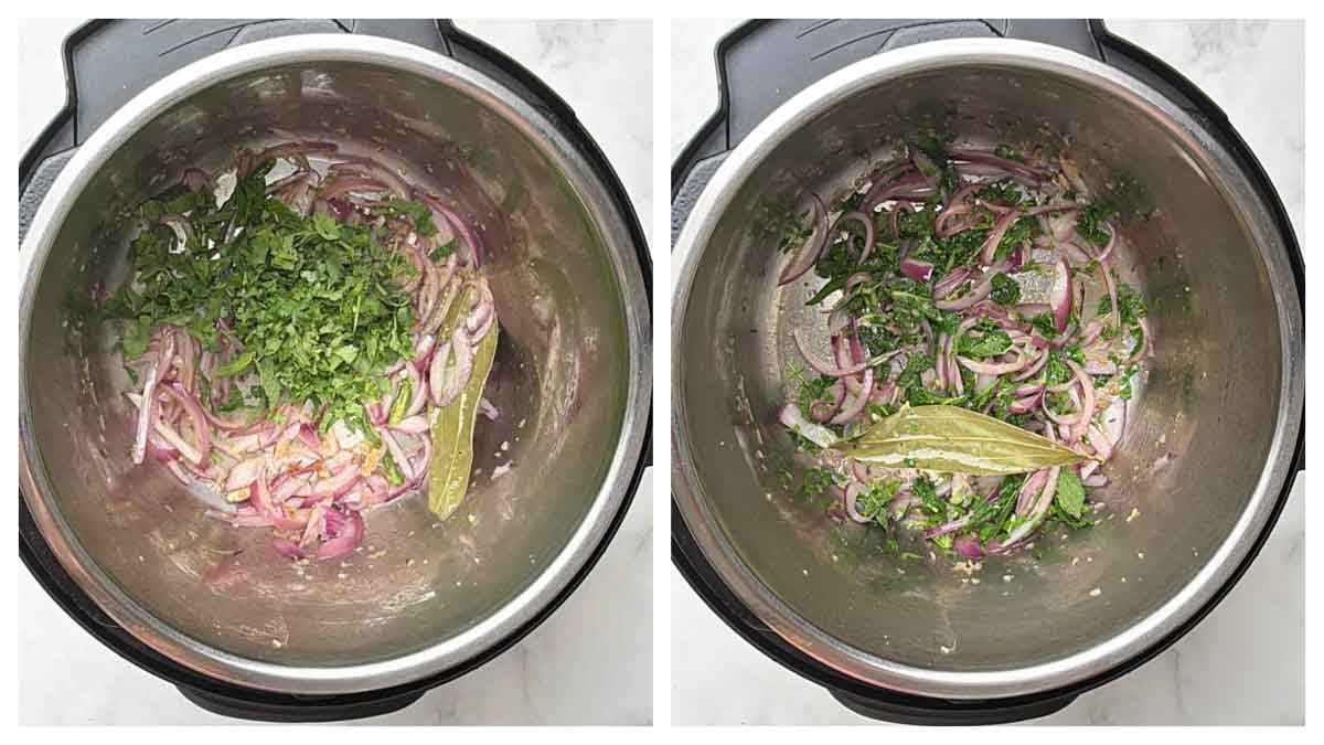 Step to saute the herbs like mint and coriander leaves collage