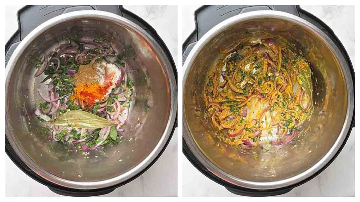 Step to add yogurt and spices and cook paneer biryani collage