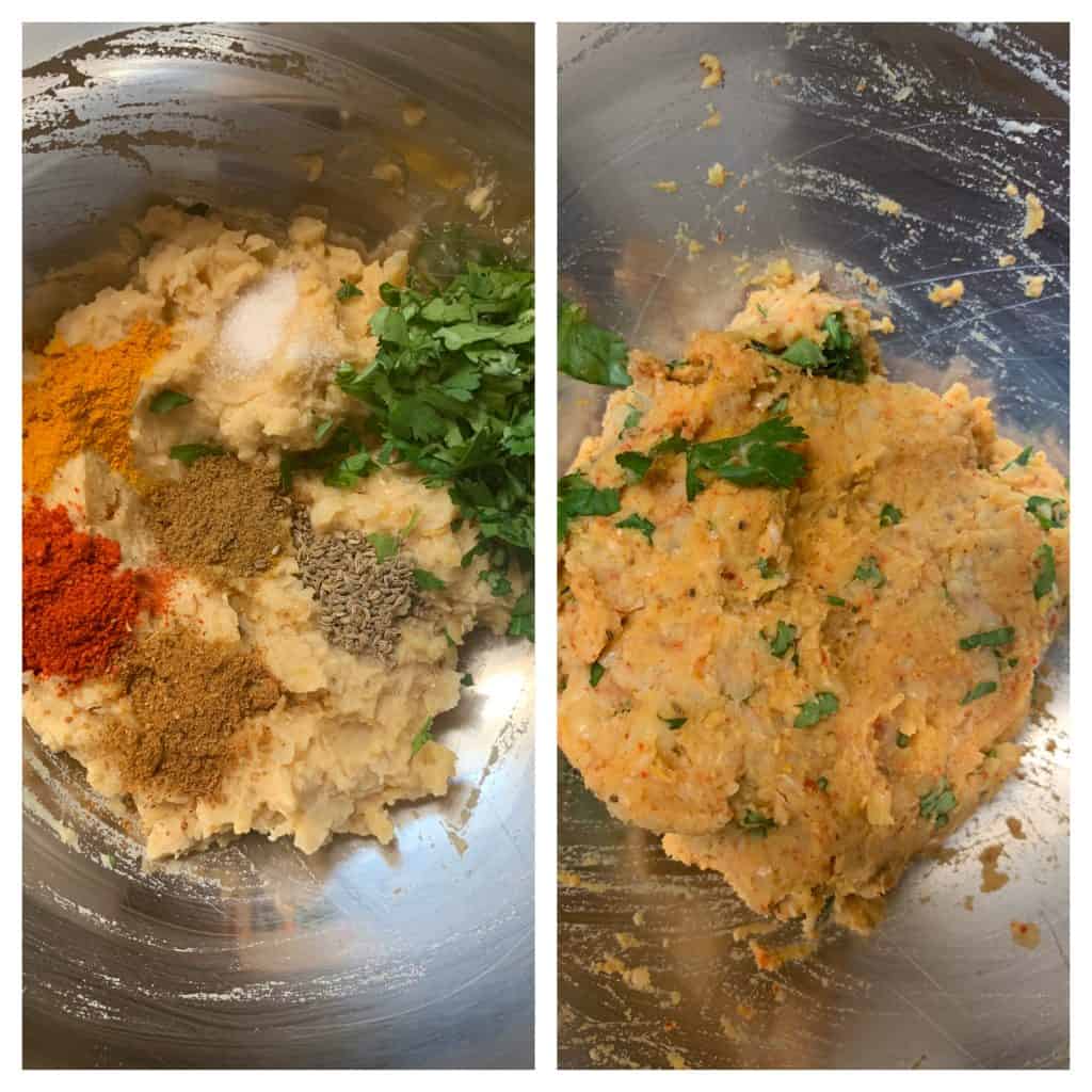 step to add spices to chickpea mashed mixture collage