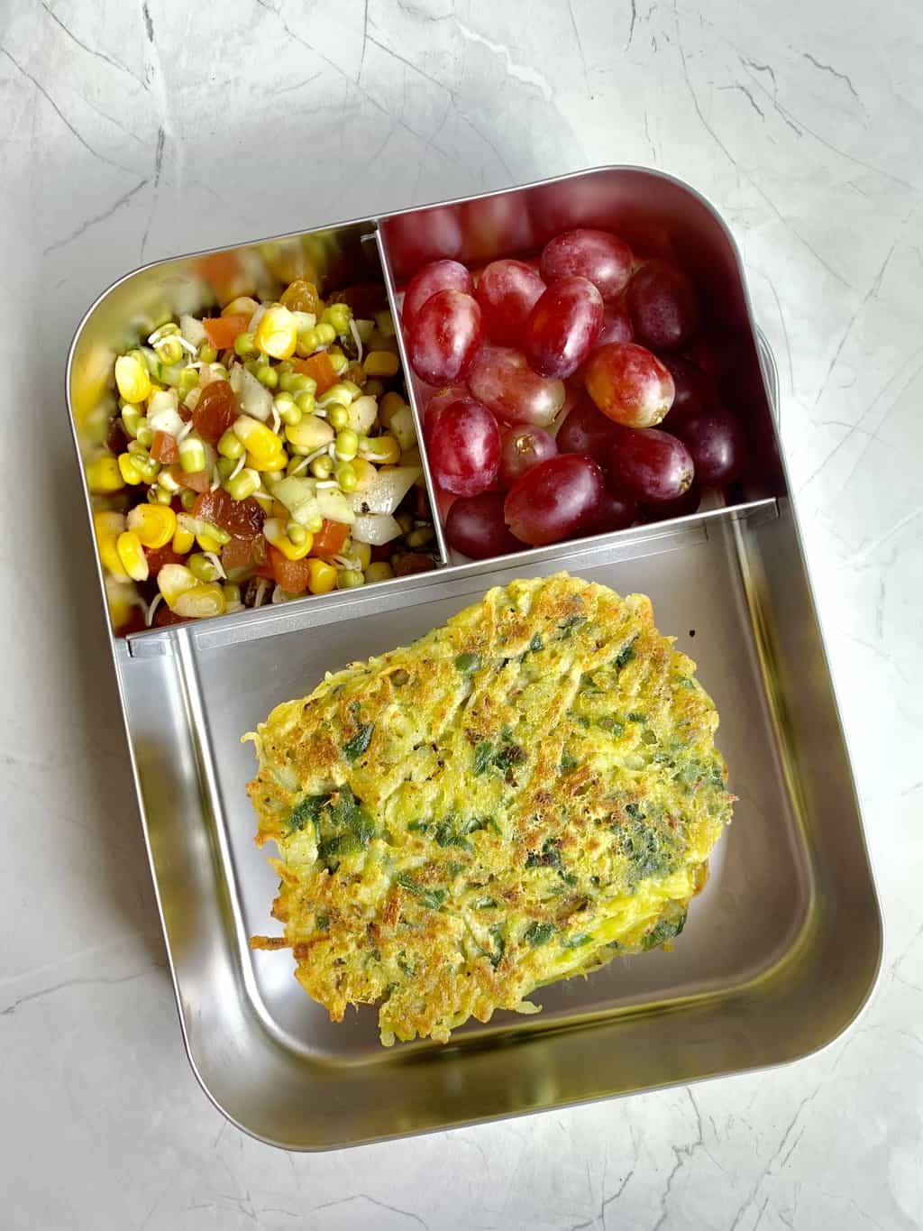 Potato Spinach Pancakes +Sprouted Moong & Corn Salad+Red Grapes|Simple, healthy, delicious lunch box recipe made with potato spinach|indianveggiedelight.com