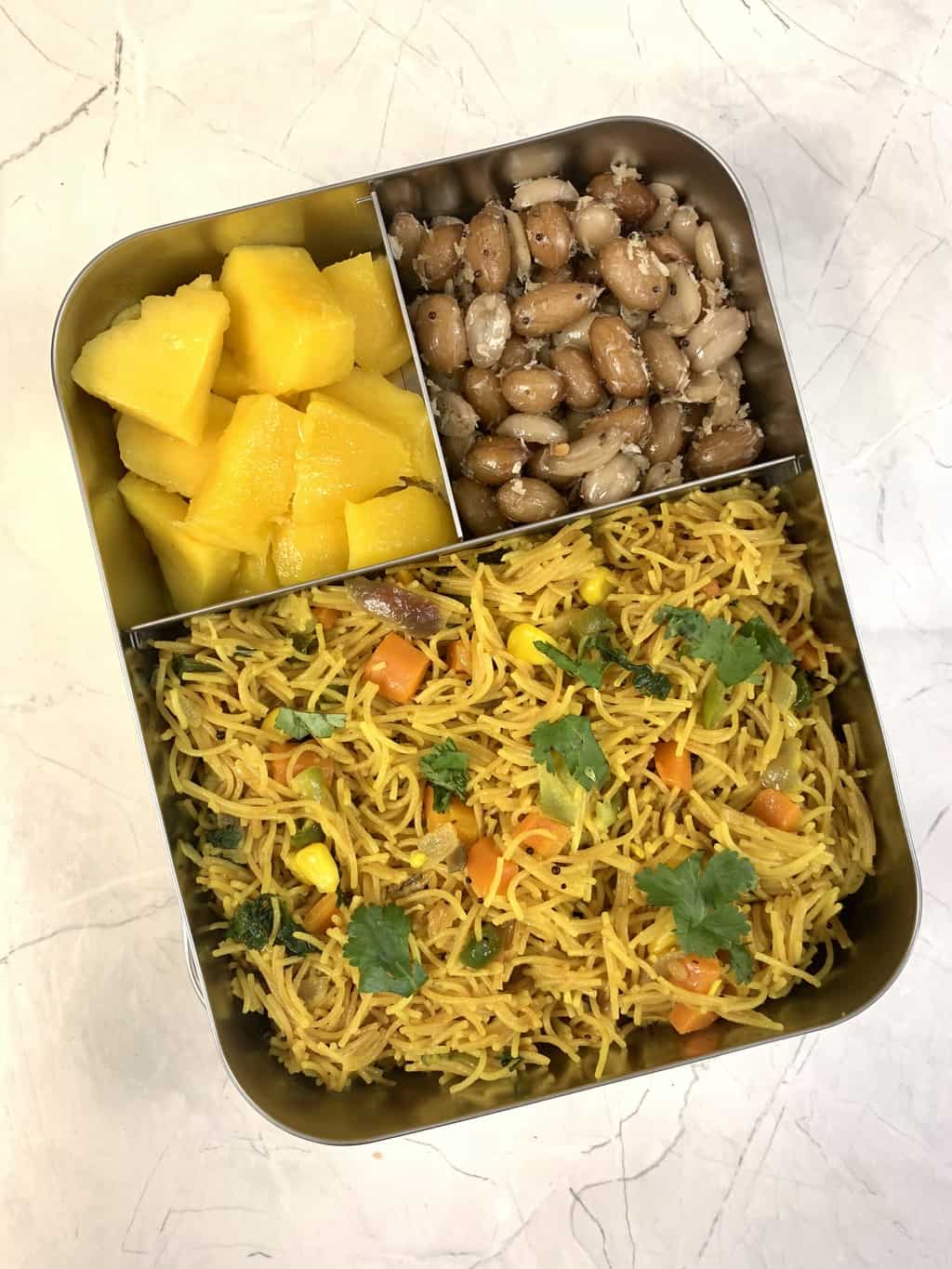 Veg Vermicelli Upma + Peanut Sundal + Mango|It makes for a good breakfast or a packed lunch box for both kids and adults|indianveggiedelight.com