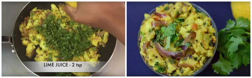 step to add lemon juice and coriander leaves to the masala collage