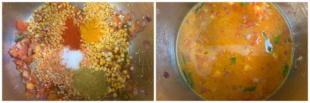 step to add lentils and spices for making Panchratna Dal pressure cooker collage