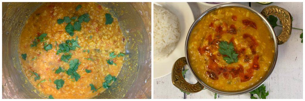 step to lemon juice and cilantro to Panchratna Dal pressure cooker collage