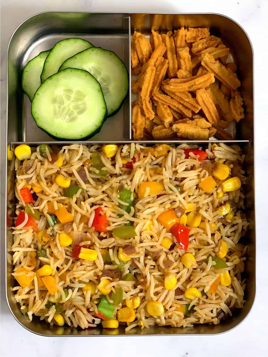 corn_fried_rice+cucumber+murukku/kids lunch box recipes indian